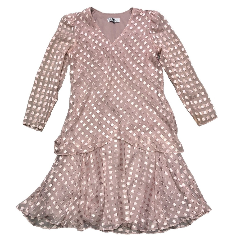 Patra‎ Shift Dress 10 Pink Chiffon Geometric Satin Shimmer Sheer Sleeve Vintage